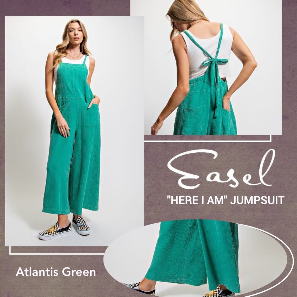 📌 EASEL "Here I Am" Mineral Washed Cotton Wide Leg Jumpsuit Adjustable Straps